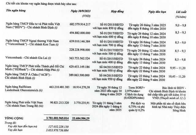 Cơ cấu nợ vay ngân hàng dài hạn của Thuỷ điện Vĩnh Sơn - Sông Hinh tại thời điểm 30/9/2023