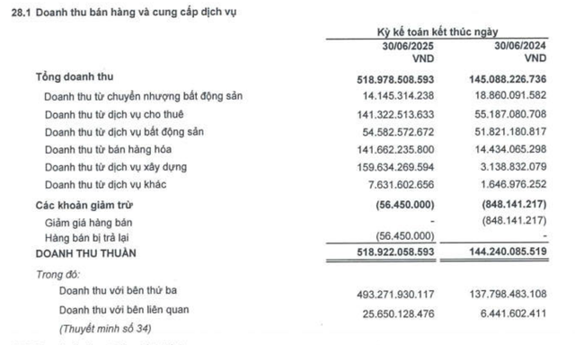 Doanh thu trong nửa đầu năm 2025 của TTC Land tăng chủ yếu là lĩnh vực dịch vụ cho thuê, bán hàng hoá, dịch vụ xây dựng.