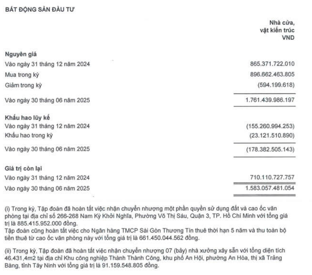 Cơ cấu bất động sản đầu tư của TTC Land tại thời điểm 30/6/2025.