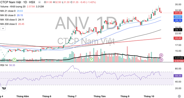 Cổ phiếu ANV tăng nóng khi lên mức định giá cao hơn nhiều so với trung bình ngành.