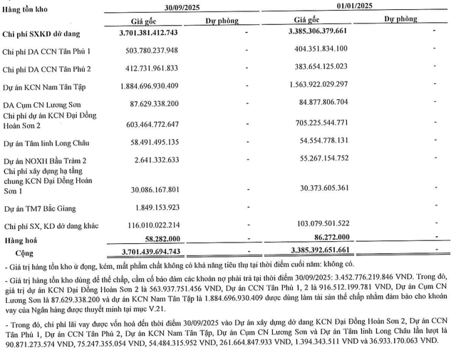 Cơ cấu tồn kho của SGT tại thời điểm 30/9/2025.