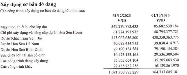 Cơ cấu xây dựng cơ bản dở dang của Hoa Sen tại thời điểm 31/12/2025. Cơ cấu xây dựng cơ bản dở dang của Hoa Sen tại thời điểm 31/12/2025.