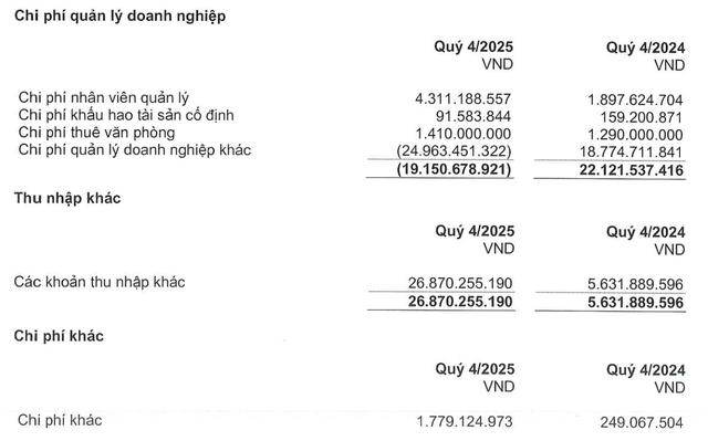 Hoàn nhập dự phòng chi phí quản lý doanh nghiệp và thu nhập khác đột biến trong quý IV/2025.