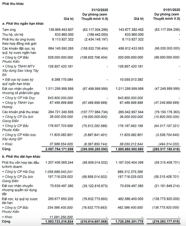 Đầu tư LDG tăng trích lập dự phòng phải thu ngắn hạn khác trong năm 2025.