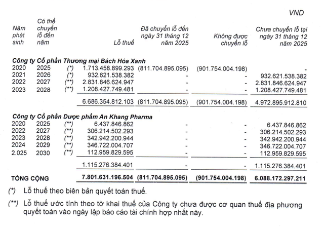 Chuỗi nhà thuốc và Bách hoá Xanh vẫn còn lỗ luỹ kế tại thời điểm 31/12/2025. Nguồn: MWG