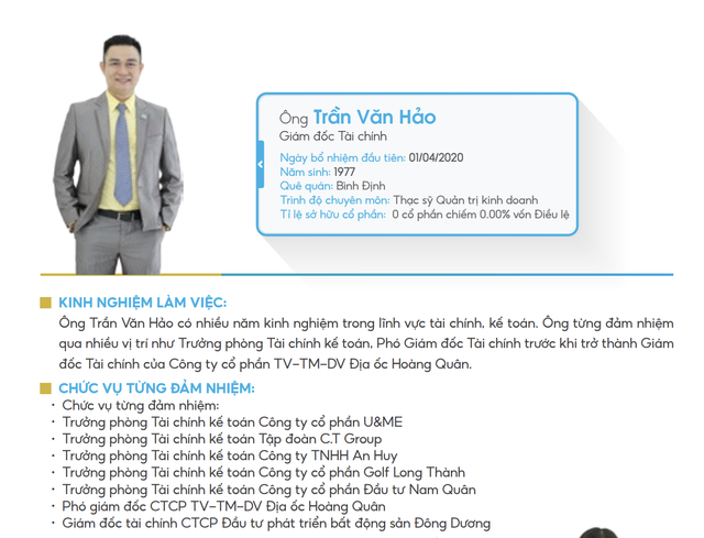 Ông Trần Văn Hảo được bổ nhiệm giữ chức vụ Giám đốc tài chính tại Địa ốc Hoàng Quân kể từ ngày 1/4/2020.