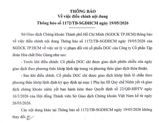 HOSE điều chỉnh nội dung đưa cổ phiếu DGC từ diện hạn chế giao dịch.