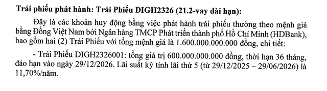 Lãi suất trái phiếu mã DIGH2326001 kỳ tính lãi thứ 5 là 11,7%/năm. Lãi suất trái phiếu mã DIGH2326001 kỳ tính lãi thứ 5 là 11,7%/năm.