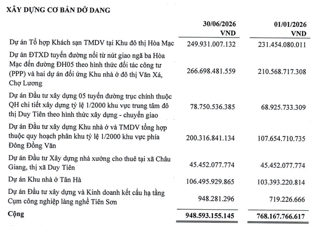 Cơ cấu xây dựng cơ bản dở dang dài hạn của Nhà và Đô thị Nam Hà Nội tại thời điểm 30/6/2026. Cơ cấu xây dựng cơ bản dở dang dài hạn của Nhà và Đô thị Nam Hà Nội tại thời điểm 30/6/2026.