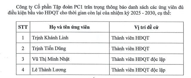 Danh sách 4 ứng viên HĐQT tại Tập đoàn PC1.