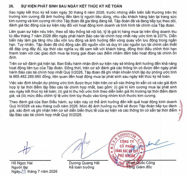 PNJ thuyết minh dự phòng do biến cố liên quan kim cương. PNJ thuyết minh dự phòng do biến cố liên quan kim cương.