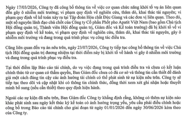 Apatit Việt Nam liên tục nhận được thông tin lãnh đạo bị khởi tố. Nguồn: Báo cáo kiểm toán bán niên năm 2026. Apatit Việt Nam liên tục nhận được thông tin lãnh đạo bị khởi tố. Nguồn: Báo cáo kiểm toán bán niên năm 2026.