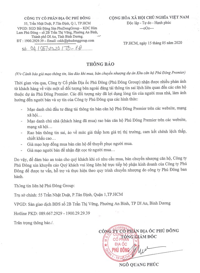 Phú Đông Group thông báo bị giả mạo thông tin chào bán căn hộ Phú Đông Premier ảnh 1