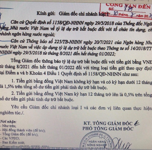 Văn bản Agribank gửi các chi nhánh