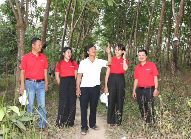 Anh Bùi Văn Quyển (áo trắng) đưa đoàn cán bộ Agribank Kon Tum đi thăm vườn cây cao su của gia đình (tháng 3/2023).