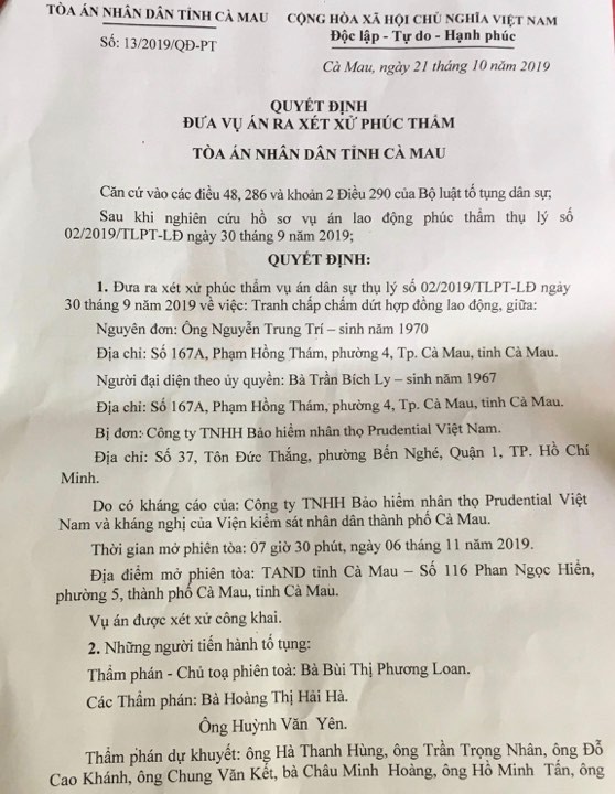 Ngày 6/11, Tòa án nhân dân tỉnh Cà Mau xét xử phúc thẩm vụ nhân viên kiện Prudential Việt Nam ảnh 1