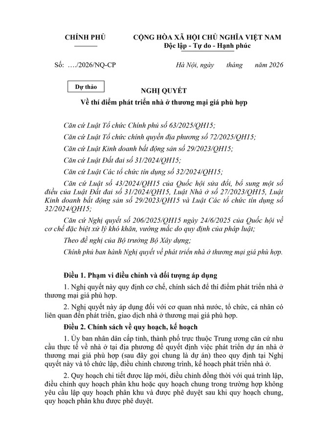 Chính phủ đang xin ý kiến đóng góp cho dự thảo nghị quyết về thí điểm phát triển nhà ở thương mại giá phù hợp