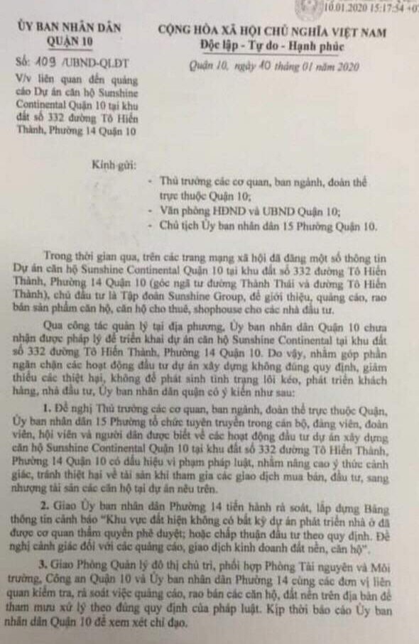 TP.HCM: UBND quận 10 cảnh báo dự án Sunshine Continental chưa có pháp lý để triển khai ảnh 1