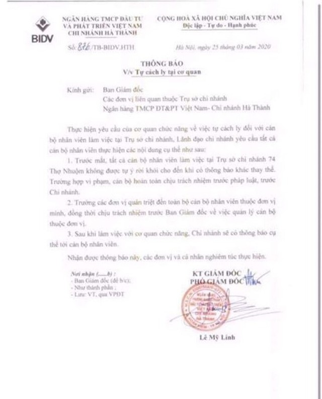 Cách ly toàn bộ chi nhánh BIDV Hà Thành ảnh 1