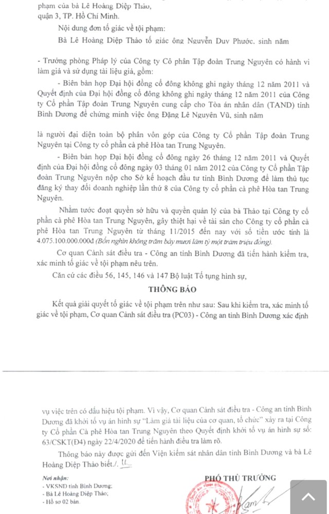 Khởi tố vụ án hình sự xảy ra tại CTCP Cà phê Hòa tan Trung Nguyên ảnh 1
