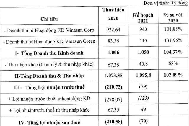 Kế hoạch kinh doanh năm 2021 của Vinasun.