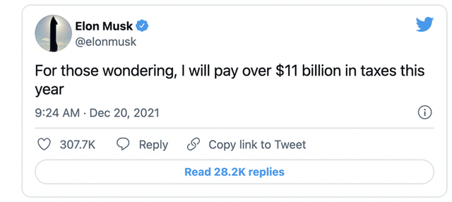 Elon Musk tuyên bố sẽ nộp 11 tỷ USD tiền thuế (Ảnh chụp màn hình).