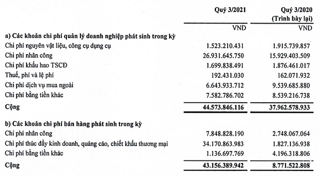 Chi phí bán hàng và chi phí quản lý doanh nghiệp là 2 khoản tác động mạnh nhất đến lãi ròng của Chuyển phát nhanh Bưu điện trong quý III/2021 cũng như luỹ kế 9 tháng đầu năm nay (Đvt: đồng).