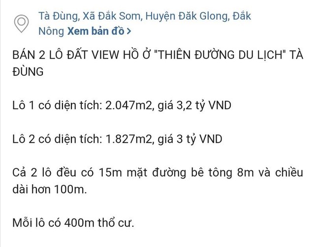Một mẫu quảng cáo, rao bán đất khu vực hồ Tà Đùng trên các trang mạng. Ảnh: PV chụp lại