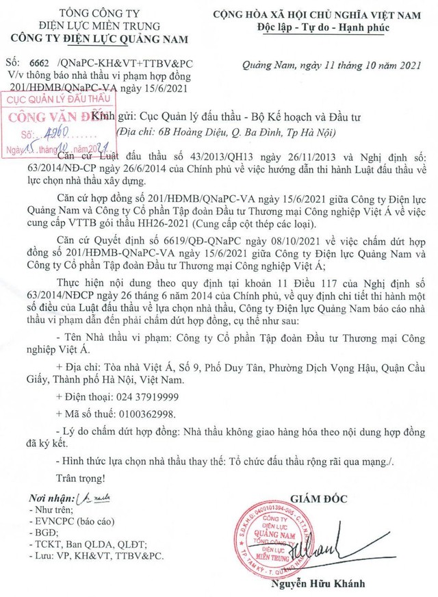 Công ty CP Tập đoàn Việt Á vi phạm, dẫn tới việc Công ty Điện lực Quảng Nam chấm dứt hợp đồng.