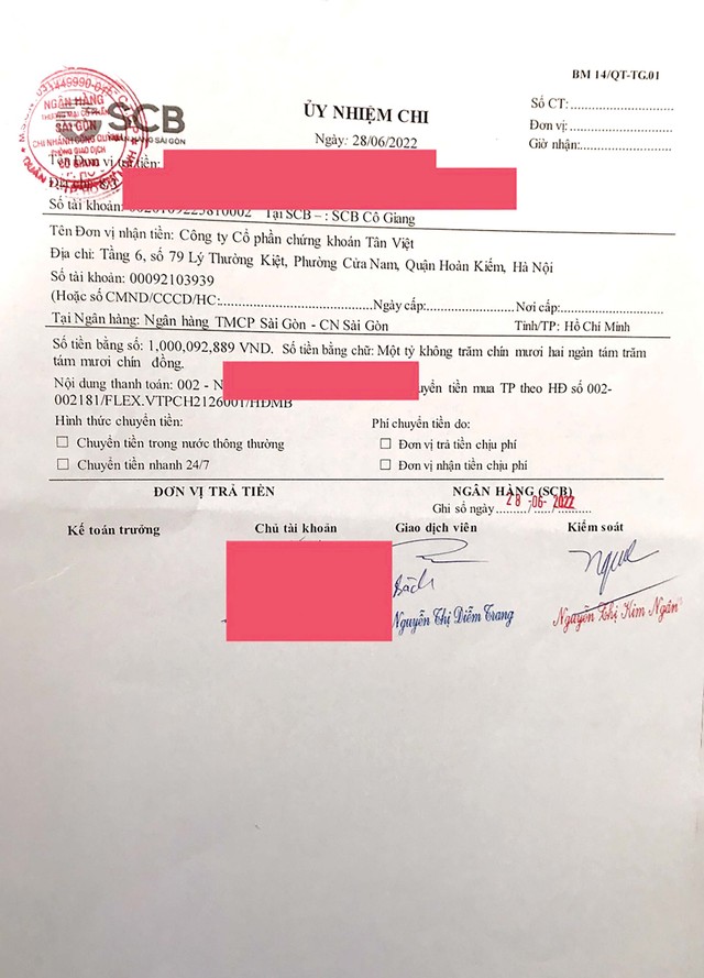 Một trong nhiều phiếu ủy nhiệm chi của trái chủ ủy nhiệm cho SCB chi tiền gửi tiết kiệm của mình cho TVSI để mua trái phiếu Một trong nhiều phiếu ủy nhiệm chi của trái chủ ủy nhiệm cho SCB chi tiền gửi tiết kiệm của mình cho TVSI để mua trái phiếu