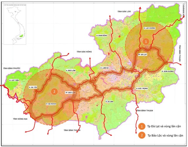 Sơ đồ định hướng vùng động lực tỉnh Lâm Đồng (Nguồn: Dự thảo Quy hoạch tỉnh Lâm Đồng)
