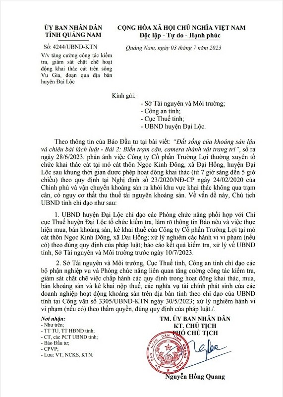 Công văn chỉ đạo của UBND tỉnh Quảng Nam.