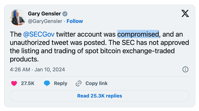 Chủ tịch SEC đính chính thông tin bằng tài khoản mạng xã hội của chính mình.