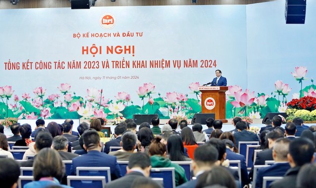 Thủ tướng Phạm Minh Chính dự và phát biểu tại Hội nghị Tổng kết công tác năm 2023 và triển khai nhiệm vụ năm 2024 của Bộ Kế hoạch và Đầu tư, diễn ra sáng 11/1 tại NIC Hòa Lạc. (Ảnh: Đức Thanh)