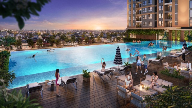 Không gian sống tiện nghi và xanh mát là tiêu chí lựa chọn không gian sống quan trọng đối với gia đình đa thế hệ. Ảnh phối cảnh “hồ bơi chân mây” tại tầng 4 của khu căn hộ cao cấp A&amp;T Sky Garden tại cửa ngõ Bắc Sài Gòn do chủ đầu tư cung cấp.