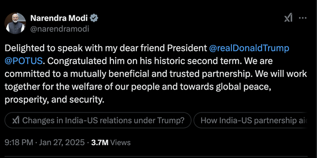 Chia sẻ của Thủ tướng Ấn Độ Narendra Modi về cuộc điện đàm với tân Tổng thống Mỹ Donald Trump ngày 27/1/2025. Ảnh chụp màn hình tài khoản mạng xã hội X của Thủ tướng Ấn Độ Narendra Modi Chia sẻ của Thủ tướng Ấn Độ Narendra Modi về cuộc điện đàm với tân Tổng thống Mỹ Donald Trump ngày 27/1/2025. Ảnh chụp màn hình tài khoản mạng xã hội X của Thủ tướng Ấn Độ Narendra Modi