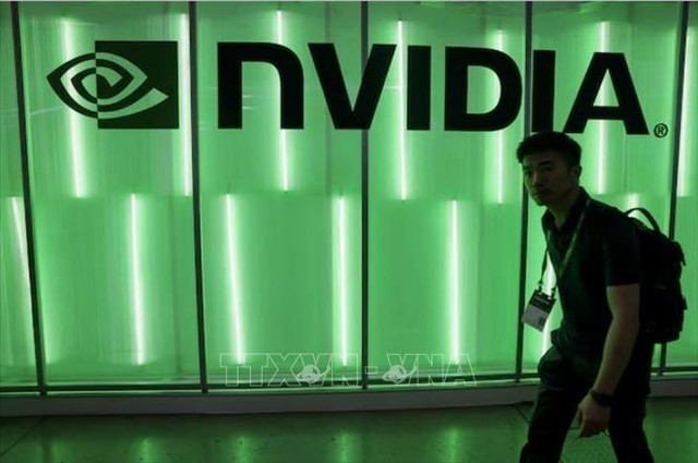 Biểu tượng của Tập đoàn Nvidia tại triển lãm máy tính ở Đài Loan. Ảnh: REUTERS/TTXVN