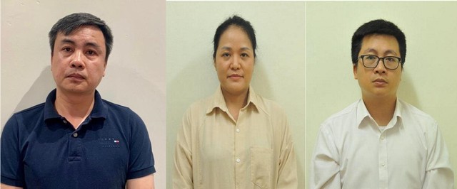 Từ trái qua, các bị can Trần Tuấn Vinh, Phan Thị Thu Thủy, Trần Vinh Quang.