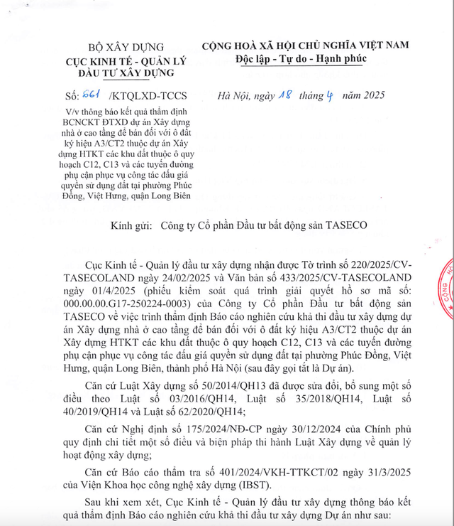 Kết quả thẩm định Báo cáo nghiên cứu khả thi đầu tư xây dựng Dự án của Cục Kinh tế - Quản lý đầu tư