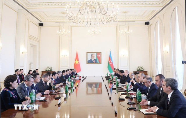 Tổng Bí thư Tô Lâm hội đàm cấp Nhà nước với Tổng thống Azerbaijan Ilham Aliyev. Ảnh: TTXVN