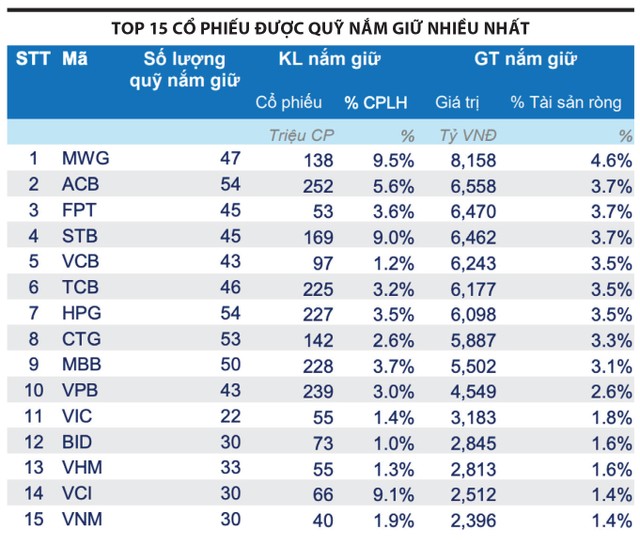 Nguồn: FiinPro-X Platform. Ghi chú: Khối lượng và giá trị nắm giữ được ước tính dựa trên danh mục của 65 quỹ cổ phiếu với tổng giá trị tài sản ròng hơn 176.000 tỷ đồng
