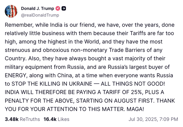 Thông báo của Tổng thống Mỹ Donald Trump trên mạng xã hội Truth Social về việc áp mức thuế 25% cùng các hình phạt bổ sung đối với Ấn Độ vì nước này tiếp tục duy trì quan hệ thương mại với Liên bang Nga. Ảnh chụp màn hình
