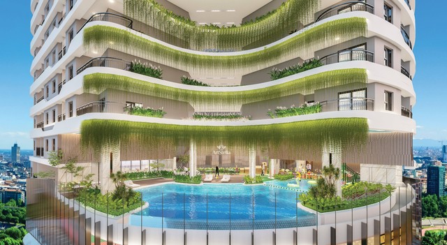 Một góc phối cảnh kiến trúc oval độc đáo và vườn treo xuyên tầng của ArtStella