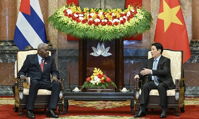 Chủ tịch nước Lương Cường và Chủ tịch Quốc hội Cuba Esteban Lazo Hernandez tại buổi tiếp.