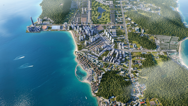 Ảnh phối cảnh quần thể phục vụ APEC 2027 tại Phú Quốc, bao gồm các khách sạn thương hiệu Conrad, Hilton và DoubleTree by Hilton