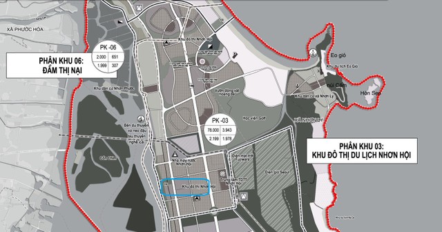 Vị trí được đề xuất quy hoạch Khu Trung tâm Hành chính tỉnh (khoanh màu xanh) có quy mô diện tích 50 ha. Ảnh: Một phần Bản đồ Quy hoạch chung Khu kinh tế Nhơn Hội đến năm 2040.
