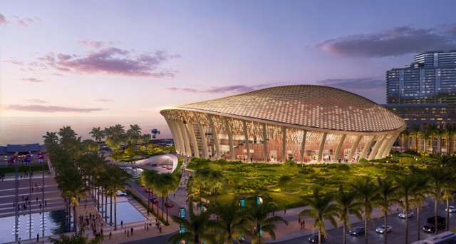 Nhà biểu diễn đa năng với phần mái lấy cảm hứng từ vảy rồng cùng 50 cột trụ, gợi nhắc truyền thuyết Con Rồng cháu Tiên của Việt Nam.