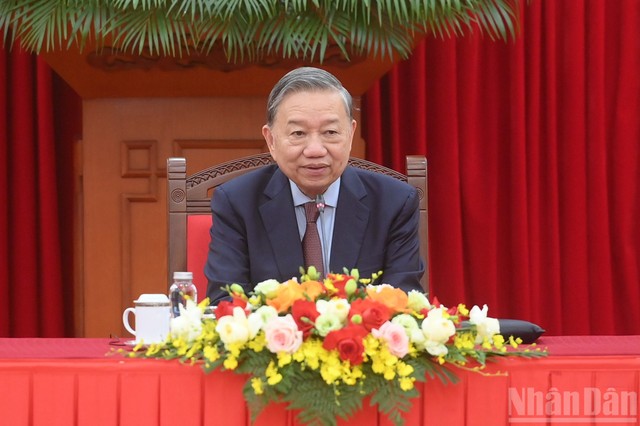 Tổng Bí thư Tô Lâm phát biểu tại cuộc tiếp. (Ảnh: ĐĂNG KHOA) Tổng Bí thư Tô Lâm phát biểu tại cuộc tiếp. (Ảnh: ĐĂNG KHOA)