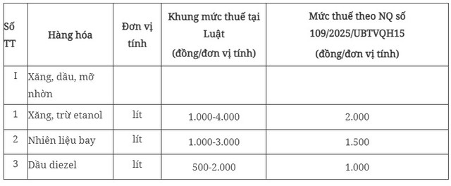 Mức thuế đối với xăng, nhiên liệu bay, dầu diesel hiện nay.