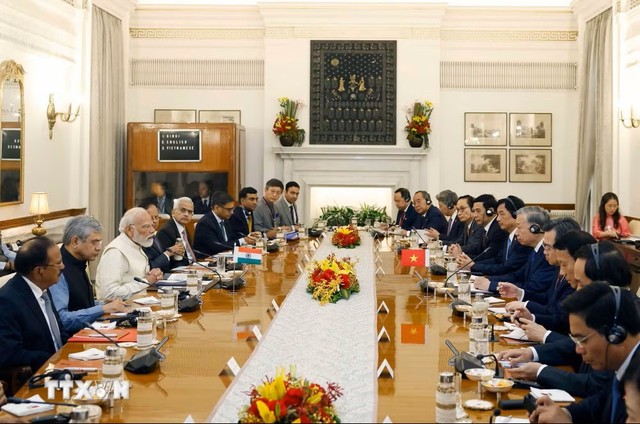 Chiều 6/5, tại Phủ Thủ tướng Ấn Độ, ở Thủ đô New Delhi, Tổng Bí thư, Chủ tịch nước Tô Lâm và Thủ tướng Ấn Độ Narendra Modi tiến hành hội đàm. (Ảnh: Thống Nhất/TTXVN)